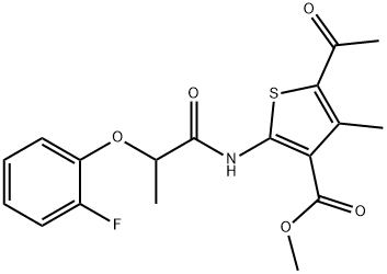 methyl 5-acetyl-2-{[2-(2-fluorophenoxy)propanoyl]amino}-4-methyl-3-thiophenecarboxylate Struktur