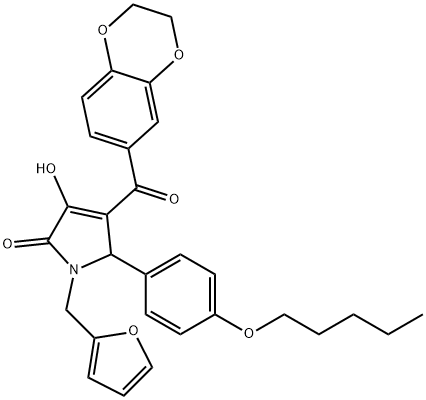 4-(2,3-dihydro-1,4-benzodioxin-6-ylcarbonyl)-1-(2-furylmethyl)-3-hydroxy-5-[4-(pentyloxy)phenyl]-1,5-dihydro-2H-pyrrol-2-one Struktur