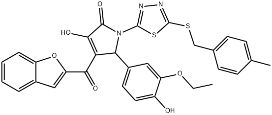 4-(1-benzofuran-2-ylcarbonyl)-5-(3-ethoxy-4-hydroxyphenyl)-3-hydroxy-1-{5-[(4-methylbenzyl)sulfanyl]-1,3,4-thiadiazol-2-yl}-1,5-dihydro-2H-pyrrol-2-one Struktur