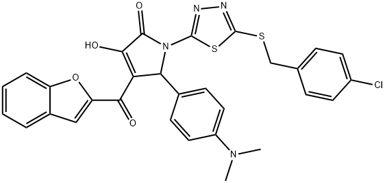 4-(1-benzofuran-2-ylcarbonyl)-1-{5-[(4-chlorobenzyl)sulfanyl]-1,3,4-thiadiazol-2-yl}-5-[4-(dimethylamino)phenyl]-3-hydroxy-1,5-dihydro-2H-pyrrol-2-one Struktur