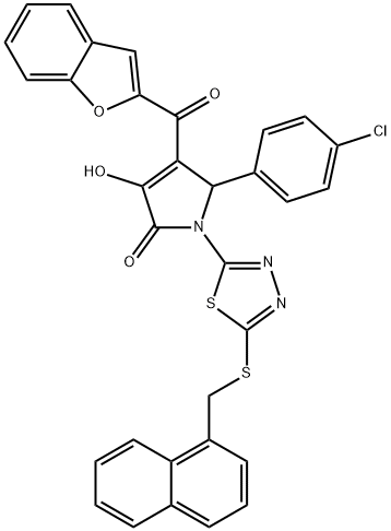 4-(1-benzofuran-2-ylcarbonyl)-5-(4-chlorophenyl)-3-hydroxy-1-{5-[(1-naphthylmethyl)sulfanyl]-1,3,4-thiadiazol-2-yl}-1,5-dihydro-2H-pyrrol-2-one Struktur