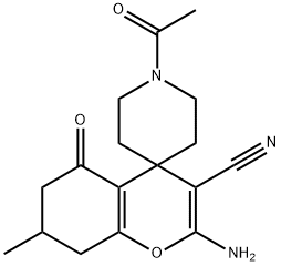 2-amino-3-cyano-7-methyl-1'-acetyl-5-oxo-5,6,7,8-tetrahydrospiro[4H-chromene-4,4'-piperidine] Struktur