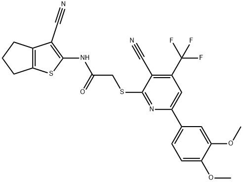 N-(3-cyano-5,6-dihydro-4H-cyclopenta[b]thien-2-yl)-2-{[3-cyano-6-(3,4-dimethoxyphenyl)-4-(trifluoromethyl)pyridin-2-yl]sulfanyl}acetamide Struktur