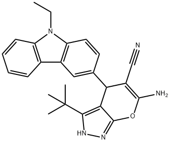 6-amino-3-tert-butyl-4-(9-ethyl-9H-carbazol-3-yl)-2,4-dihydropyrano[2,3-c]pyrazole-5-carbonitrile Struktur