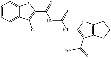 2-[({[(3-chloro-1-benzothien-2-yl)carbonyl]amino}carbothioyl)amino]-5,6-dihydro-4H-cyclopenta[b]thiophene-3-carboxamide Struktur