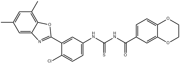 N-[4-chloro-3-(5,7-dimethyl-1,3-benzoxazol-2-yl)phenyl]-N'-(2,3-dihydro-1,4-benzodioxin-6-ylcarbonyl)thiourea Struktur