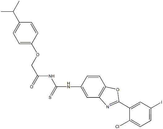 N-[2-(2-chloro-5-iodophenyl)-1,3-benzoxazol-5-yl]-N'-[(4-isopropylphenoxy)acetyl]thiourea Struktur