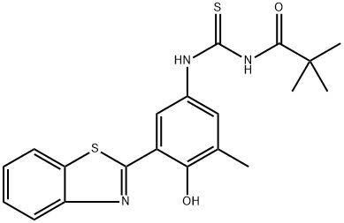 N-[3-(1,3-benzothiazol-2-yl)-4-hydroxy-5-methylphenyl]-N'-(2,2-dimethylpropanoyl)thiourea Struktur