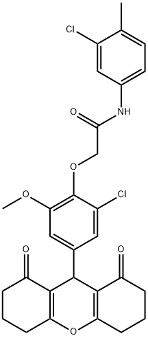 2-[2-chloro-4-(1,8-dioxo-2,3,4,5,6,7,8,9-octahydro-1H-xanthen-9-yl)-6-methoxyphenoxy]-N-(3-chloro-4-methylphenyl)acetamide Struktur