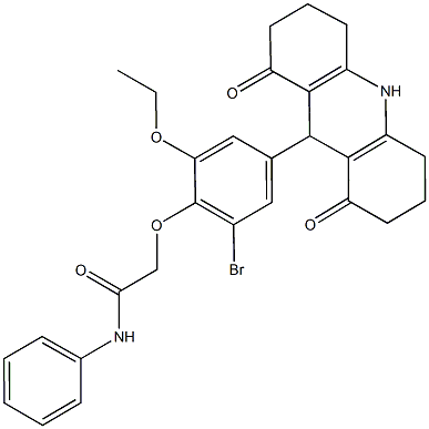 2-[2-bromo-4-(1,8-dioxo-1,2,3,4,5,6,7,8,9,10-decahydro-9-acridinyl)-6-ethoxyphenoxy]-N-phenylacetamide Struktur