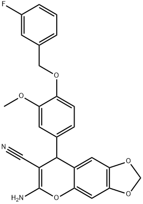 6-amino-8-{4-[(3-fluorobenzyl)oxy]-3-methoxyphenyl}-8H-[1,3]dioxolo[4,5-g]chromene-7-carbonitrile Struktur