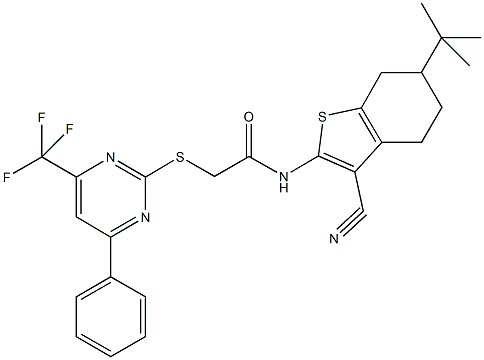 N-(6-tert-butyl-3-cyano-4,5,6,7-tetrahydro-1-benzothien-2-yl)-2-{[4-phenyl-6-(trifluoromethyl)-2-pyrimidinyl]sulfanyl}acetamide Struktur