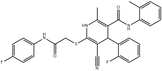 5-cyano-6-{[2-(4-fluoroanilino)-2-oxoethyl]sulfanyl}-4-(2-fluorophenyl)-2-methyl-N-(2-methylphenyl)-1,4-dihydro-3-pyridinecarboxamide Struktur