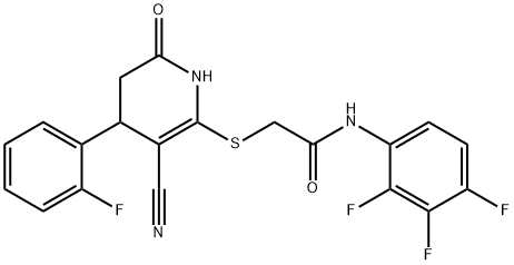 2-{[3-cyano-4-(2-fluorophenyl)-6-oxo-1,4,5,6-tetrahydro-2-pyridinyl]sulfanyl}-N-(2,3,4-trifluorophenyl)acetamide Struktur