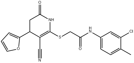 N-(3-chloro-4-methylphenyl)-2-{[3-cyano-4-(2-furyl)-6-oxo-1,4,5,6-tetrahydro-2-pyridinyl]sulfanyl}acetamide Struktur