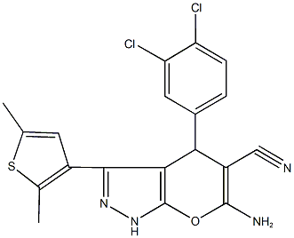 6-amino-4-(3,4-dichlorophenyl)-3-(2,5-dimethyl-3-thienyl)-1,4-dihydropyrano[2,3-c]pyrazole-5-carbonitrile Struktur