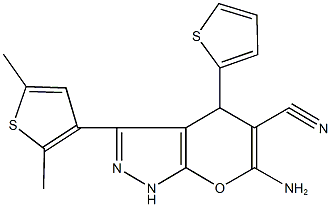 6-amino-3-(2,5-dimethyl-3-thienyl)-4-(2-thienyl)-1,4-dihydropyrano[2,3-c]pyrazole-5-carbonitrile Struktur