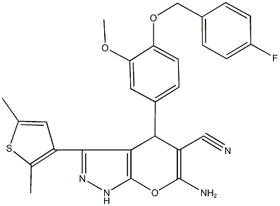 6-amino-3-(2,5-dimethyl-3-thienyl)-4-{4-[(4-fluorobenzyl)oxy]-3-methoxyphenyl}-1,4-dihydropyrano[2,3-c]pyrazole-5-carbonitrile Struktur