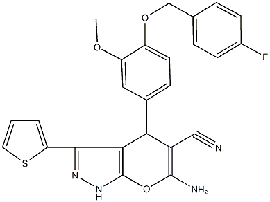 6-amino-4-{4-[(4-fluorobenzyl)oxy]-3-methoxyphenyl}-3-(2-thienyl)-1,4-dihydropyrano[2,3-c]pyrazole-5-carbonitrile Struktur