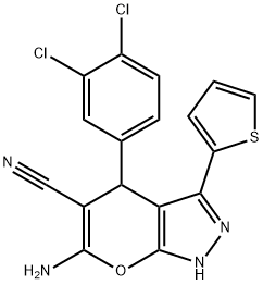 6-amino-4-(3,4-dichlorophenyl)-3-(2-thienyl)-1,4-dihydropyrano[2,3-c]pyrazole-5-carbonitrile Struktur