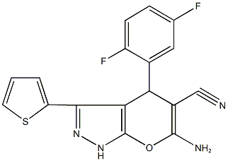 6-amino-4-(2,5-difluorophenyl)-3-(2-thienyl)-1,4-dihydropyrano[2,3-c]pyrazole-5-carbonitrile Struktur