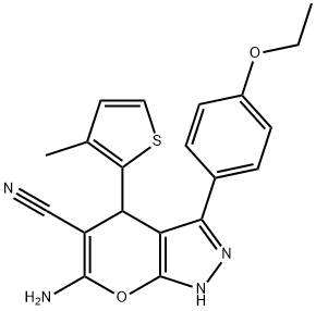 6-amino-3-(4-ethoxyphenyl)-4-(3-methyl-2-thienyl)-1,4-dihydropyrano[2,3-c]pyrazole-5-carbonitrile Struktur