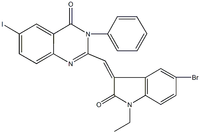 2-[(5-bromo-1-ethyl-2-oxo-1,2-dihydro-3H-indol-3-ylidene)methyl]-6-iodo-3-phenyl-4(3H)-quinazolinone Struktur