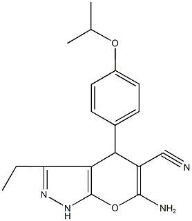 6-amino-3-ethyl-4-(4-isopropoxyphenyl)-1,4-dihydropyrano[2,3-c]pyrazole-5-carbonitrile Struktur