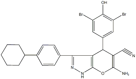 6-amino-3-(4-cyclohexylphenyl)-4-(3,5-dibromo-4-hydroxyphenyl)-1,4-dihydropyrano[2,3-c]pyrazole-5-carbonitrile Struktur