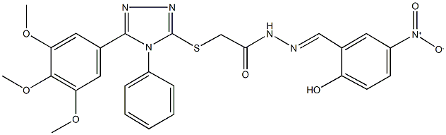 N'-{2-hydroxy-5-nitrobenzylidene}-2-{[4-phenyl-5-(3,4,5-trimethoxyphenyl)-4H-1,2,4-triazol-3-yl]sulfanyl}acetohydrazide Struktur