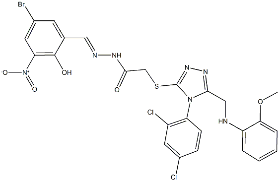 N'-{5-bromo-2-hydroxy-3-nitrobenzylidene}-2-({4-(2,4-dichlorophenyl)-5-[(2-methoxyanilino)methyl]-4H-1,2,4-triazol-3-yl}sulfanyl)acetohydrazide Struktur