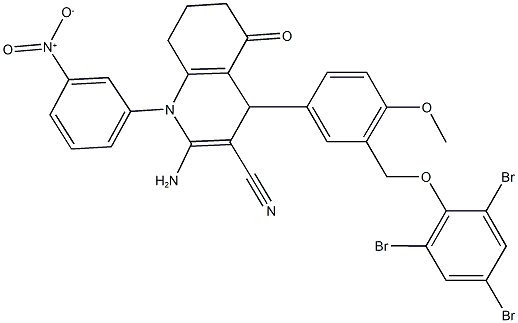 2-amino-1-{3-nitrophenyl}-4-{4-methoxy-3-[(2,4,6-tribromophenoxy)methyl]phenyl}-5-oxo-1,4,5,6,7,8-hexahydro-3-quinolinecarbonitrile Struktur