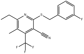 6-ethyl-2-[(3-fluorobenzyl)sulfanyl]-5-methyl-4-(trifluoromethyl)nicotinonitrile Struktur