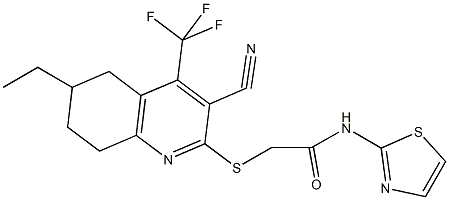 2-{[3-cyano-6-ethyl-4-(trifluoromethyl)-5,6,7,8-tetrahydroquinolin-2-yl]sulfanyl}-N-(1,3-thiazol-2-yl)acetamide Struktur