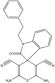 2,6-diamino-3,5-dicyano-1'-(2-phenylethyl)-1',3'-dihydrospiro[4H-thiopyran-4,3'-(2'H)-indole]-2'-one Struktur