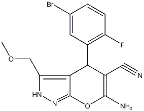 6-amino-4-(5-bromo-2-fluorophenyl)-3-(methoxymethyl)-2,4-dihydropyrano[2,3-c]pyrazole-5-carbonitrile Struktur