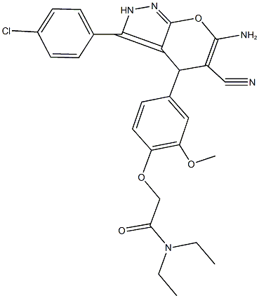 2-{4-[6-amino-3-(4-chlorophenyl)-5-cyano-2,4-dihydropyrano[2,3-c]pyrazol-4-yl]-2-methoxyphenoxy}-N,N-diethylacetamide Struktur