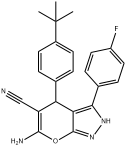 6-amino-4-(4-tert-butylphenyl)-3-(4-fluorophenyl)-2,4-dihydropyrano[2,3-c]pyrazole-5-carbonitrile Struktur