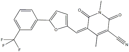 1,4-dimethyl-2,6-dioxo-5-({5-[3-(trifluoromethyl)phenyl]-2-furyl}methylene)-1,2,5,6-tetrahydro-3-pyridinecarbonitrile Struktur