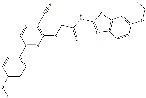 2-{[3-cyano-6-(4-methoxyphenyl)-2-pyridinyl]sulfanyl}-N-(6-ethoxy-1,3-benzothiazol-2-yl)acetamide Struktur