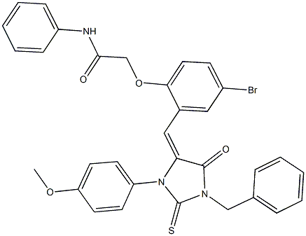 2-(2-{[1-benzyl-3-(4-methoxyphenyl)-5-oxo-2-thioxo-4-imidazolidinylidene]methyl}-4-bromophenoxy)-N-phenylacetamide Struktur