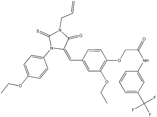 2-(4-{[1-allyl-3-(4-ethoxyphenyl)-5-oxo-2-thioxo-4-imidazolidinylidene]methyl}-2-ethoxyphenoxy)-N-[3-(trifluoromethyl)phenyl]acetamide Struktur