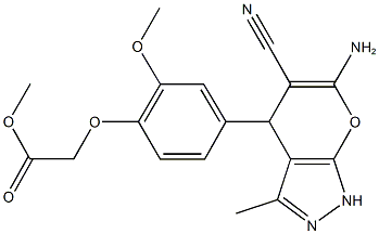 methyl [4-(6-amino-5-cyano-3-methyl-1,4-dihydropyrano[2,3-c]pyrazol-4-yl)-2-methoxyphenoxy]acetate Struktur