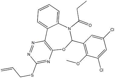 2-[3-(allylsulfanyl)-7-propionyl-6,7-dihydro[1,2,4]triazino[5,6-d][3,1]benzoxazepin-6-yl]-4,6-dichlorophenyl methyl ether Struktur