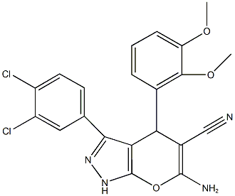 6-amino-3-(3,4-dichlorophenyl)-4-(2,3-dimethoxyphenyl)-1,4-dihydropyrano[2,3-c]pyrazole-5-carbonitrile Struktur