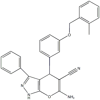 6-amino-4-{3-[(2-methylbenzyl)oxy]phenyl}-3-phenyl-1,4-dihydropyrano[2,3-c]pyrazole-5-carbonitrile Struktur