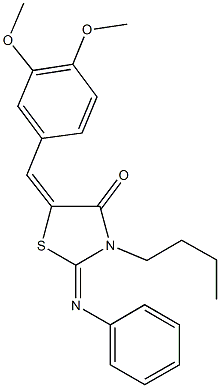 3-butyl-5-(3,4-dimethoxybenzylidene)-2-(phenylimino)-1,3-thiazolidin-4-one Struktur