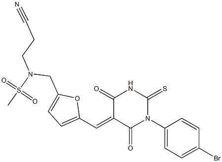 N-({5-[(1-(4-bromophenyl)-4,6-dioxo-2-thioxotetrahydro-5(2H)-pyrimidinylidene)methyl]-2-furyl}methyl)-N-(2-cyanoethyl)methanesulfonamide Struktur