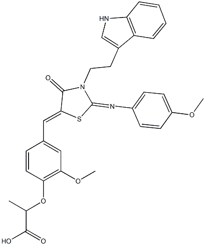 2-[4-({3-[2-(1H-indol-3-yl)ethyl]-2-[(4-methoxyphenyl)imino]-4-oxo-1,3-thiazolidin-5-ylidene}methyl)-2-methoxyphenoxy]propanoic acid Struktur