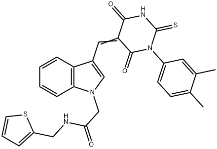 2-{3-[(1-(3,4-dimethylphenyl)-4,6-dioxo-2-thioxotetrahydropyrimidin-5(2H)-ylidene)methyl]-1H-indol-1-yl}-N-(thien-2-ylmethyl)acetamide Struktur